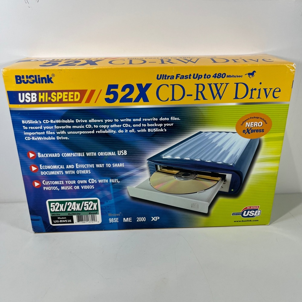 Vintage BUSlink 52X CD RW Drive External USB Hi Speed UII RW52E Retro Tech Y2K